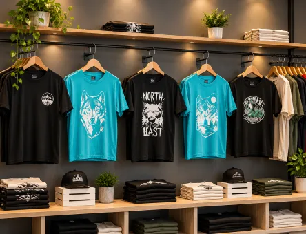 Custom printed T-shirts in various designs displayed by Ajna Clothings, one of the T Shirt Manufacturers in Tirupur for bulk orders.